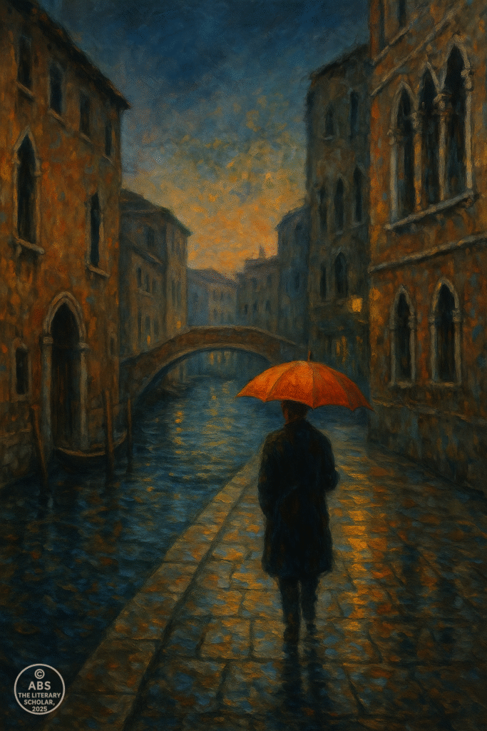 A lone figure walks beside a Venetian canal at twilight, holding a bright red umbrella; the wet stone path reflects warm hues from the sunset sky, while the ancient buildings and still water create a mood of stillness and solitary beauty.