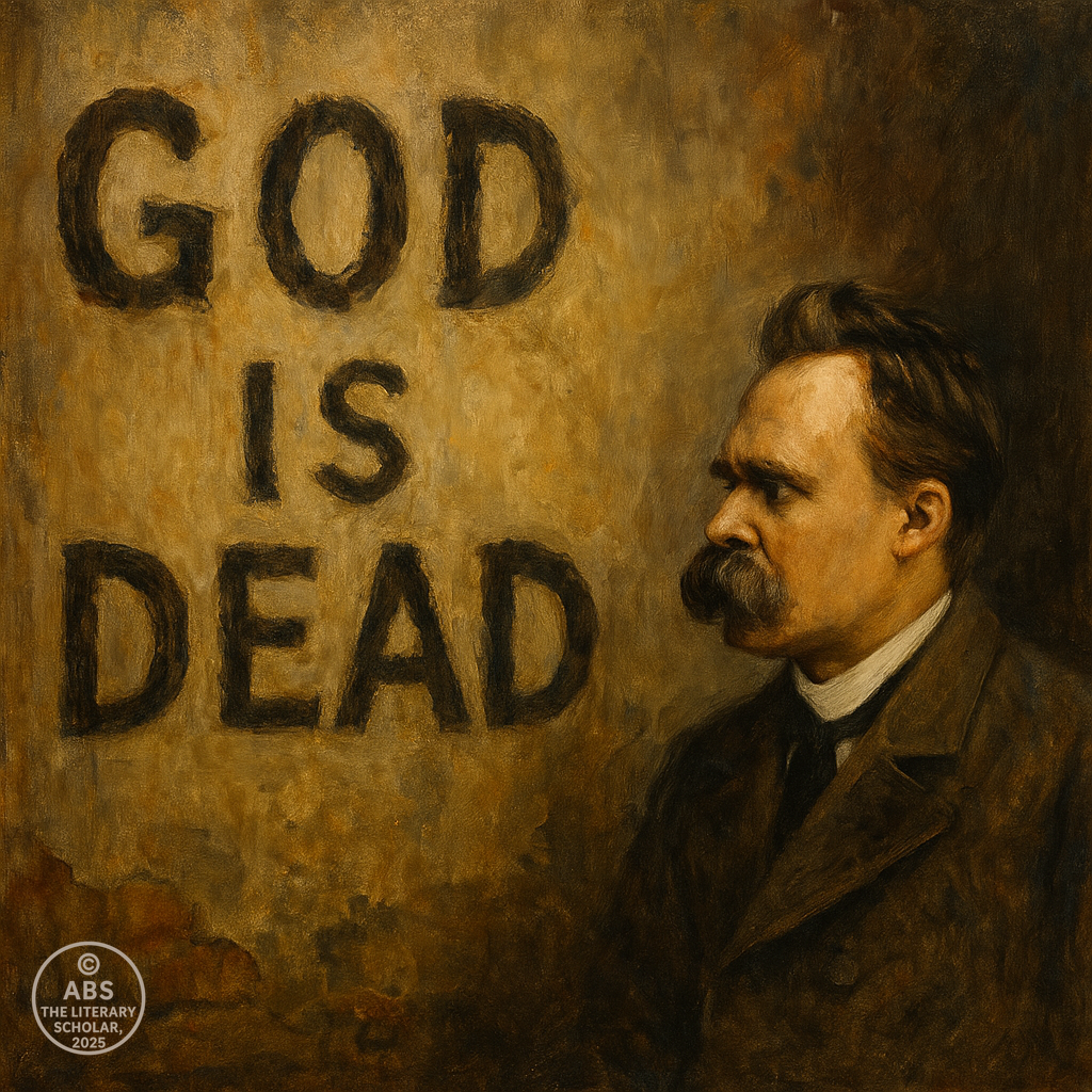 A traditional oil painting showing Friedrich Nietzsche gazing solemnly at a wall bearing the words “GOD IS DEAD” in large, distressed black letters—symbolizing the collapse of religious certainty in modern thought.