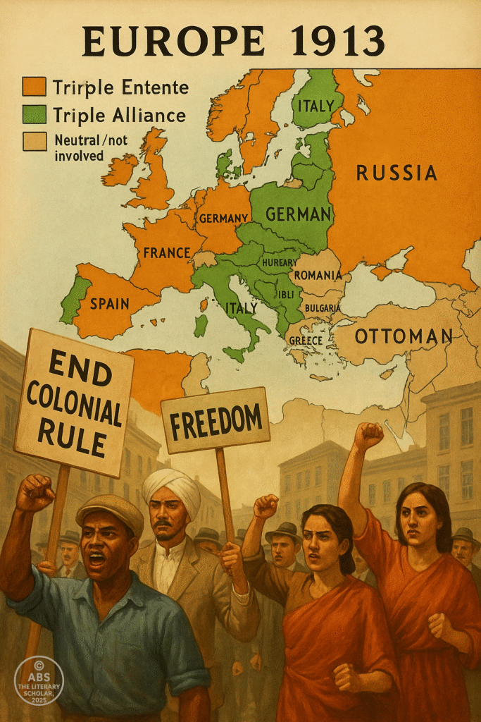 A 1913 map of Europe with the Triple Entente and Triple Alliance color-coded, overlaying a colonial protest scene below—where men and women of different regions hold signs demanding freedom and an end to colonial rule.