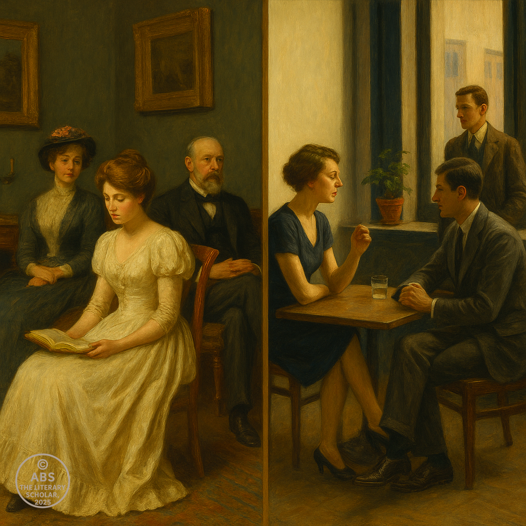 An oil painting split into two scenes—on the left, a Victorian family in formal gowns and suits sits quietly in a dim parlor; on the right, modern-dressed men and women in a bright café setting engage in animated conversation.