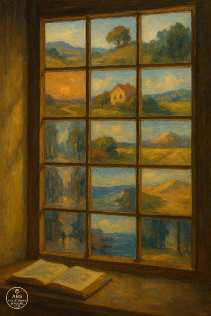 A multi-paned wooden window viewed from inside a dimly lit room, with each pane revealing a different vivid landscape—symbolizing shifting narrative perspectives; an open book rests below on the sill, suggesting the literary imagination of Henry James.