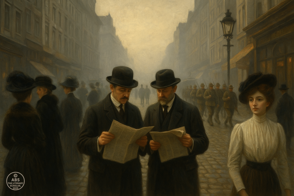 A realistic oil painting of a foggy European city street in 1914, with men reading newspapers, women in Edwardian gowns, and soldiers marching silently in the background—capturing the calm before the First World War.