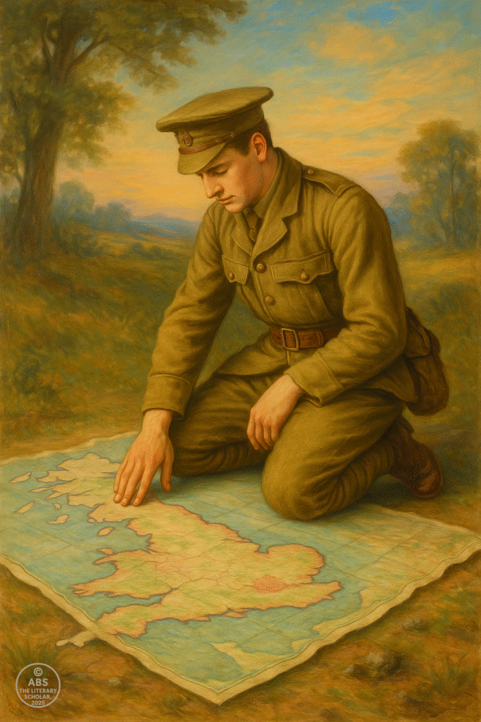 A young British soldier kneels beside a glowing map of England, his eyes filled with devotion, while golden light surrounds him—symbolizing Rupert Brooke’s poetic ideal of patriotic sacrifice.