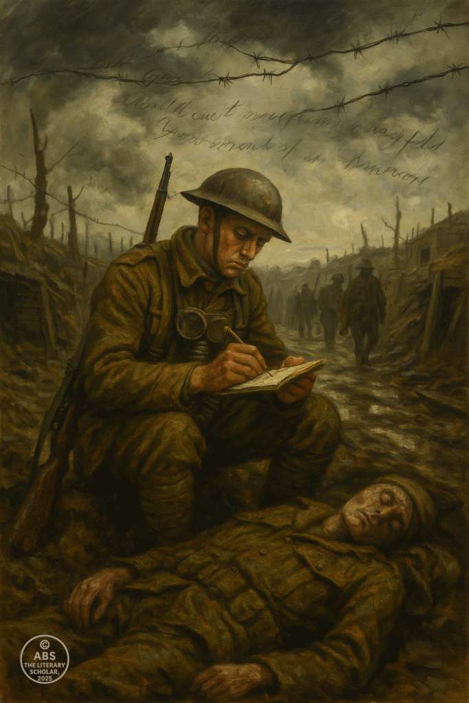 A war-ravaged trench at dusk, where a weary soldier crouches beside a fallen comrade, writing in a mud-stained journal under a dim lantern—symbolizing the poetic witness of Wilfred Owen and Siegfried Sassoon.