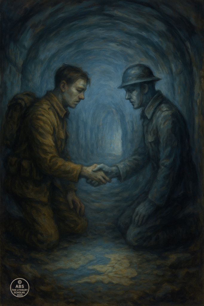 One soldier lies reclining, eyes hollow with sorrow; the other leans forward, stunned by the meeting. Their uniforms are tattered but timeless. The mood is hushed, mournful, and strangely intimate—like time has been suspended for truth to speak.