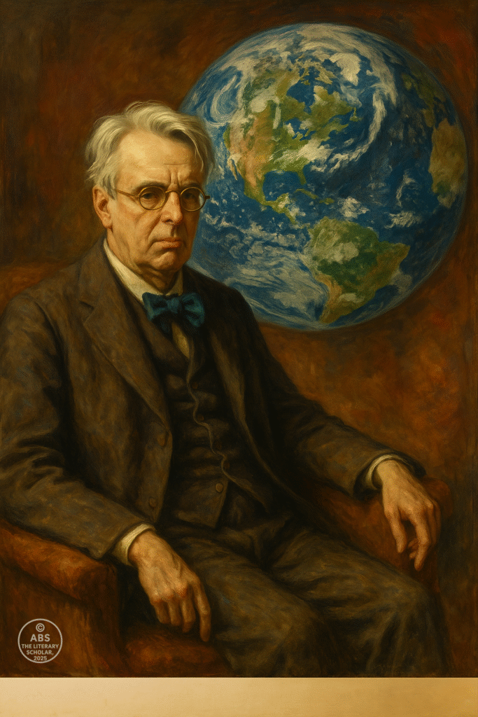 A traditional oil painting of W.B. Yeats standing before a storm-lit sky, with a falcon circling above a broken battlefield and a spectral beast approaching from the horizon—symbolizing Yeats’s prophetic vision in “The Second Coming.”