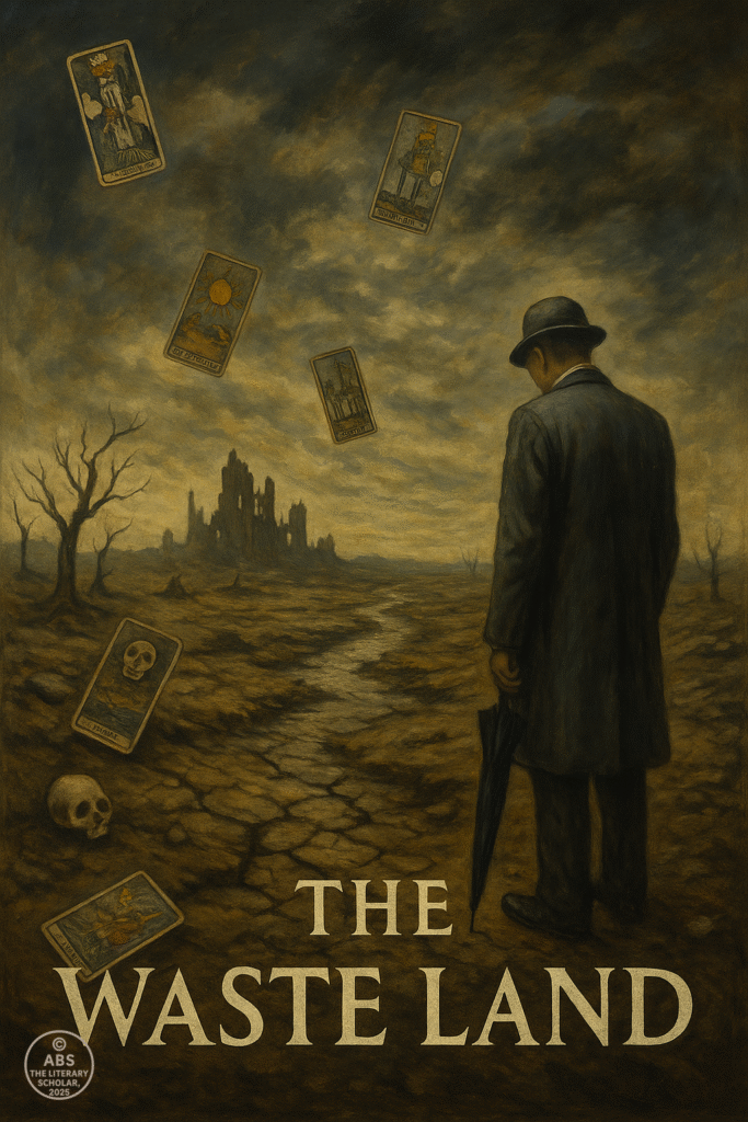 An oil painting inspired by The Waste Land, depicting a desolate urban landscape with cracked earth, a dry riverbed, scattered tarot cards, and a faceless man in a suit holding an umbrella—symbolizing spiritual collapse and modern disconnection.