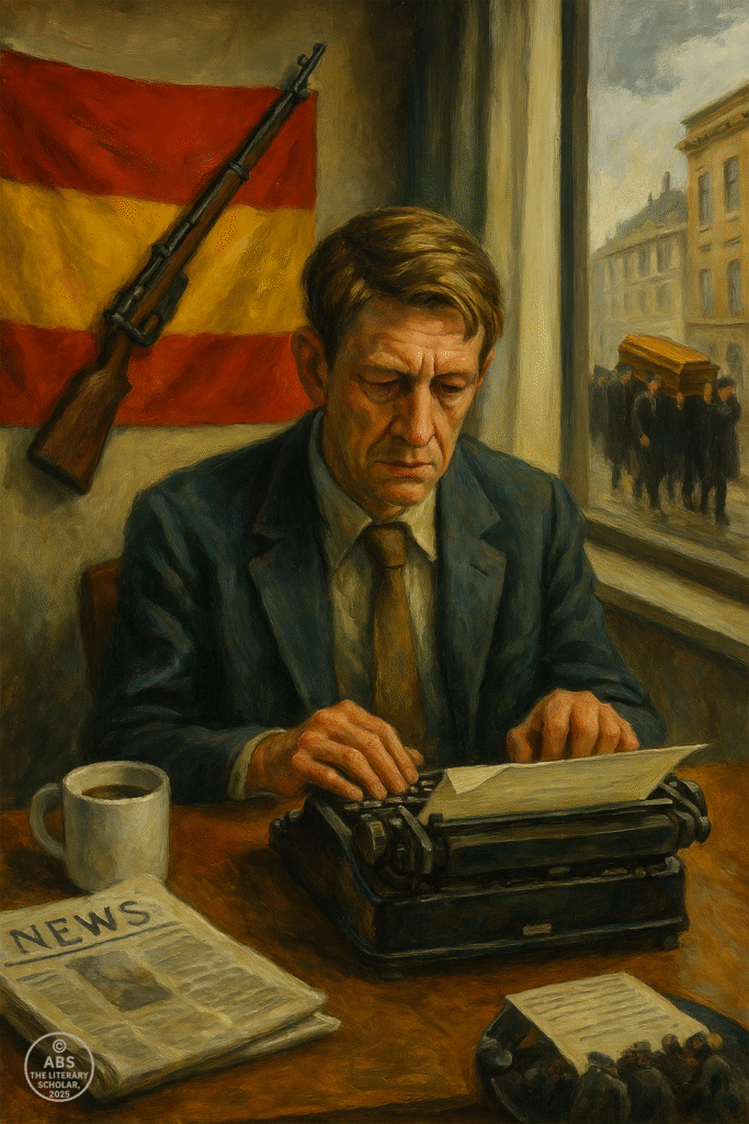 A realist oil painting of a poet seated at a typewriter with a torn newspaper in one hand and a rifle leaning beside his desk, while a distant funeral procession passes through a sunlit city—symbolizing Auden’s conflicted stance on war, ideology, and memory.