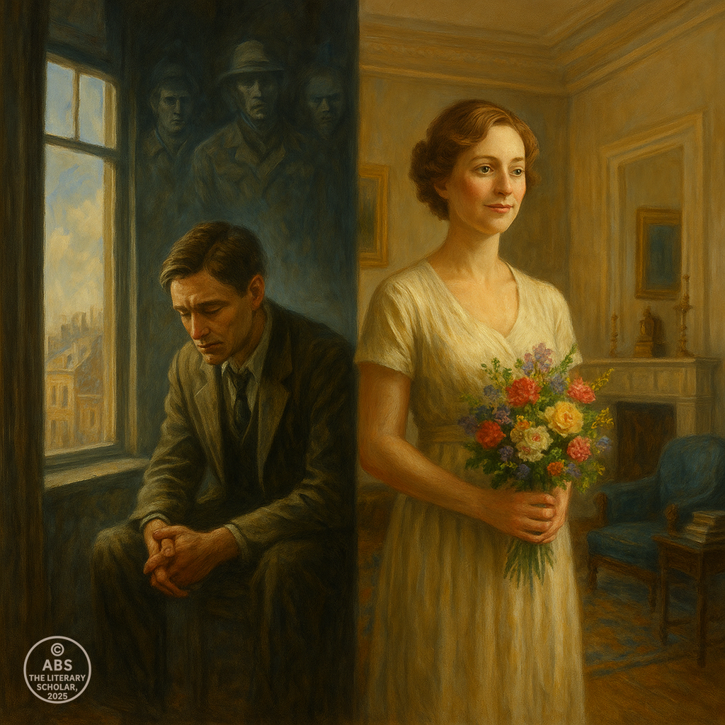 A traditional oil painting split into two panels—on one side, Clarissa Dalloway arranges flowers in a sunlit London drawing room; on the other, Septimus Warren Smith stands near an open window, haunted by ghostly war memories—symbolizing the internal and external aftermath of war in Woolf’s Mrs Dalloway.