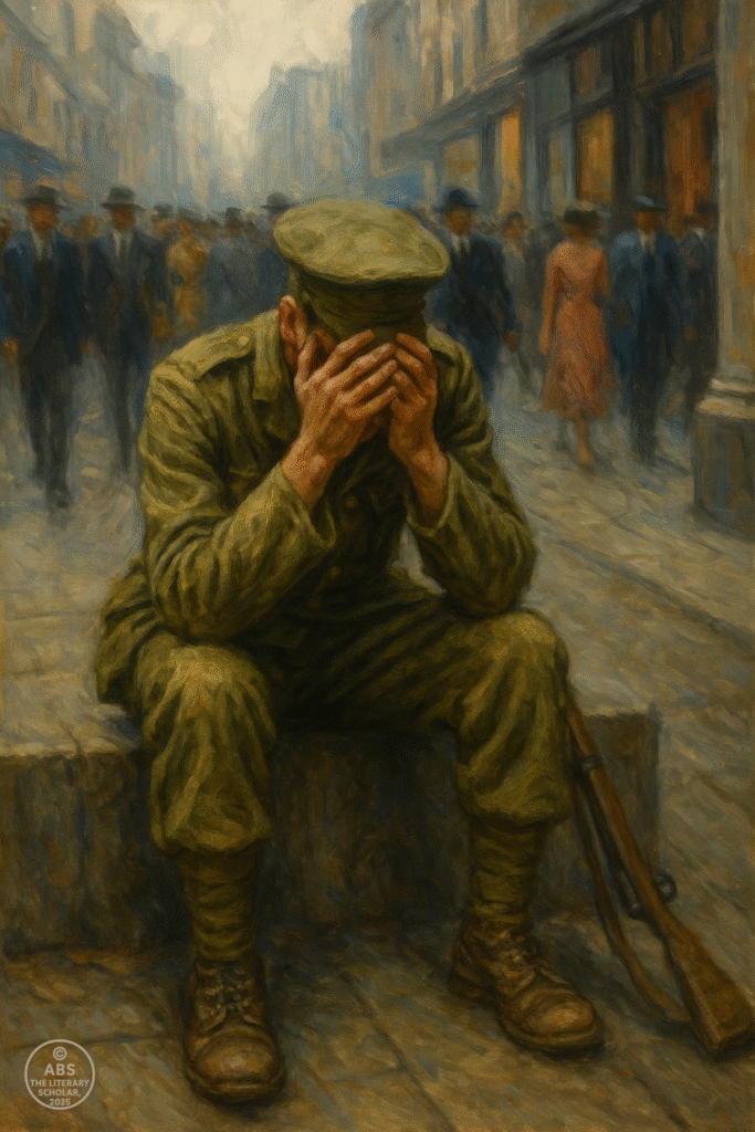 A World War I veteran sits alone on a park bench in uniform, head bowed, while a blurred crowd moves past him—symbolizing the invisible trauma of shell shock and the emotional isolation of returning soldiers.