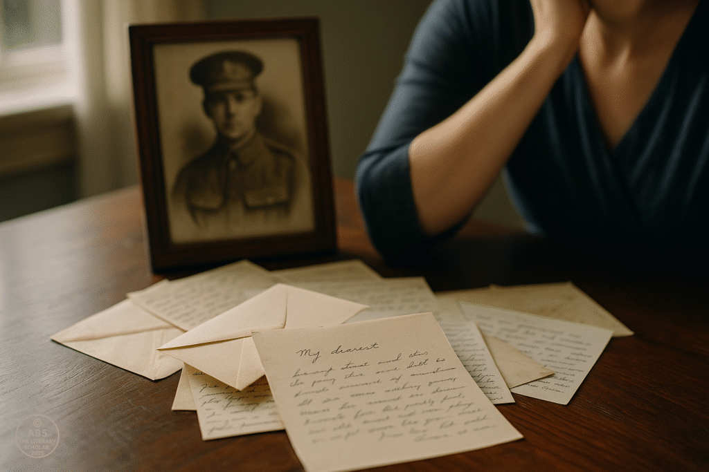A dimly lit wooden desk with unopened wartime letters scattered beside a faded photograph of a soldier and a tea cup gone cold—symbolizing the emotional weight of messages sent from the front but never received.