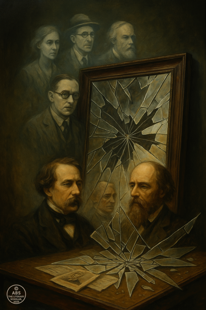 An oil painting of a shattered mirror reflecting fading portraits of Victorian authors like Tennyson and Dickens, while ghostly images of Eliot, Woolf, and Joyce emerge from the broken glass—symbolizing the collapse of literary tradition and the rise of Modernist experimentation.