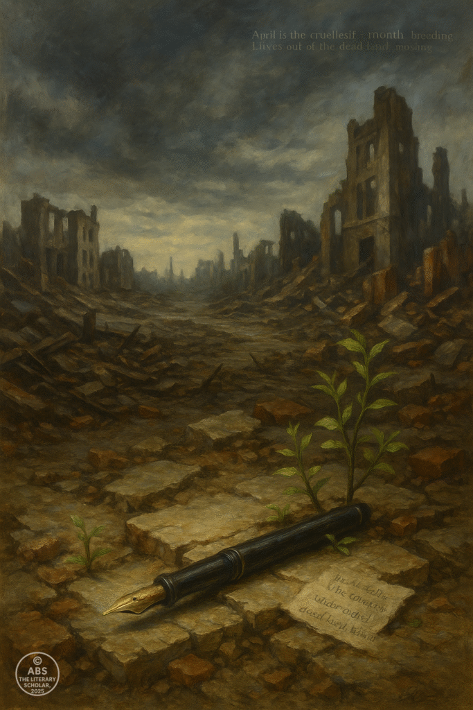 A broken city street littered with rubble and burnt books, where a single fountain pen lies untouched on a stone slab, and saplings grow through cracked pavement—symbolizing literature’s survival and renewal after war.