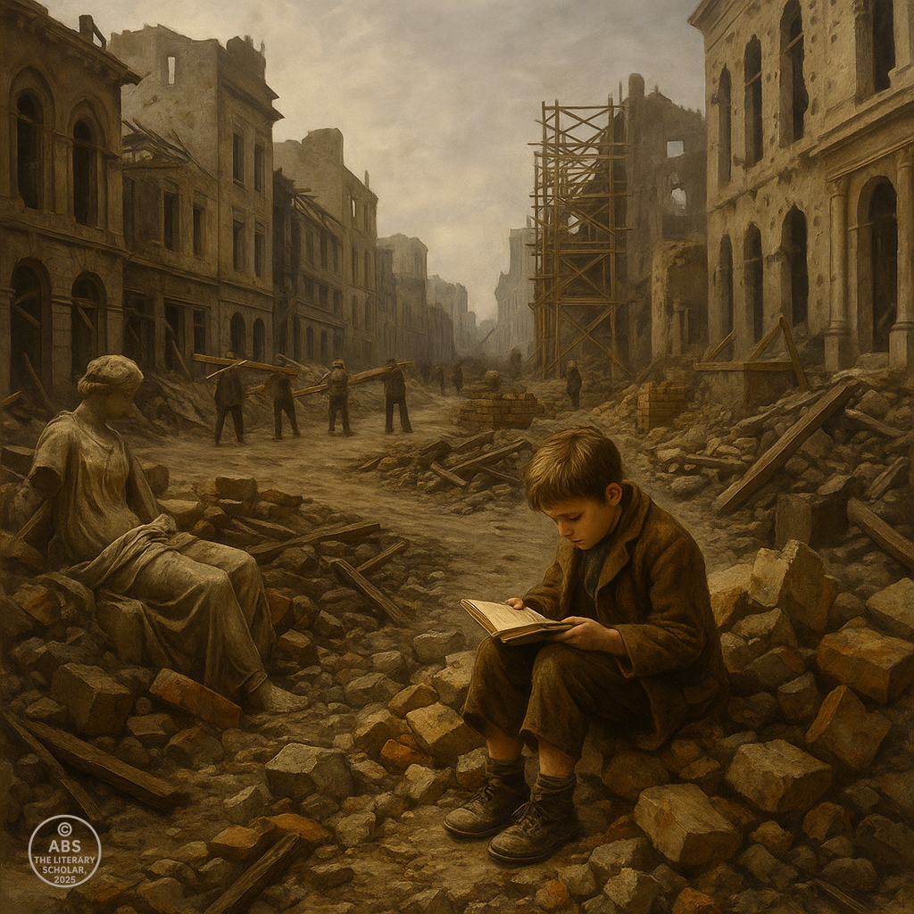 A realistic oil painting depicts a war-torn European city in 1919, with shattered buildings, scattered debris, and scaffolding. A young boy sits alone on rubble reading a book, while workers rebuild in the background. A broken classical statue lies nearby.