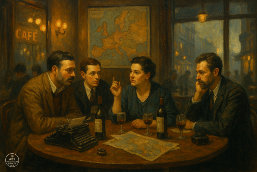 An oil painting depicts a scene inside a 1920s Parisian café with Hemingway, Fitzgerald, Stein, and Pound seated at a round table. Wine bottles, typewriters, and a map of Europe rest between them. The warm amber lighting contrasts with the dusky cityscape outside the tall windows.