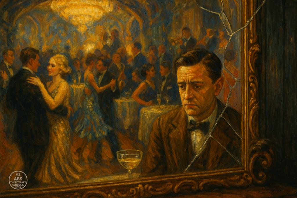 A painting in oil paints on canvas in a realistic 1920s style shows a man sitting alone in a glittering ballroom, seen through a cracked mirror. Around him, couples in sequined gowns and tuxedos dance under chandeliers, while he gazes down at his drink with a haunted expression.