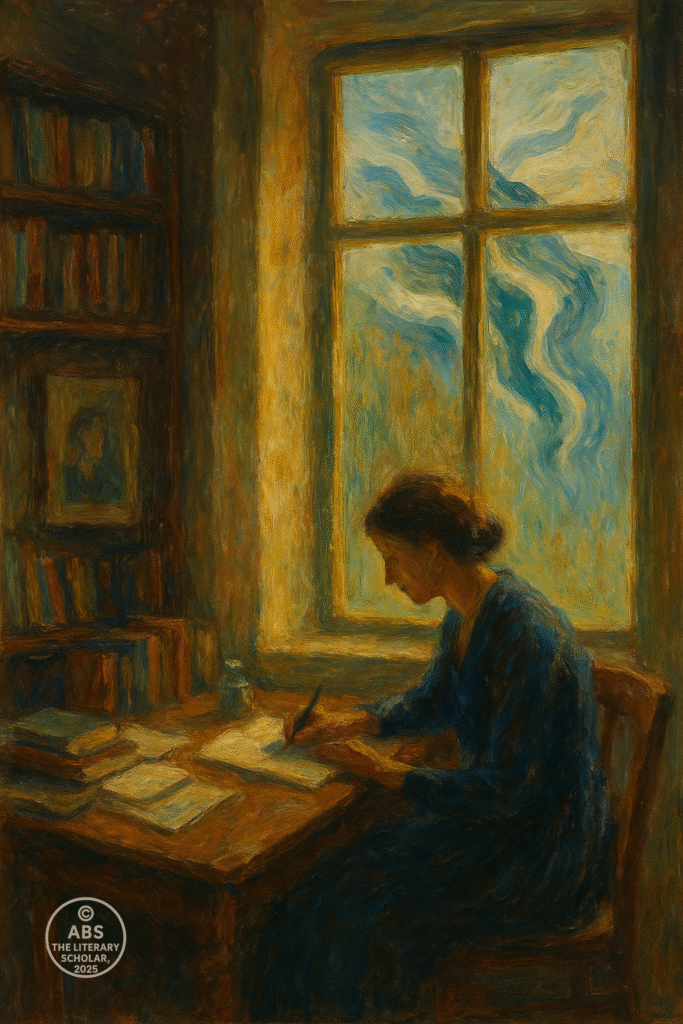 A woman writes by a window; waves outside echo her thoughts.