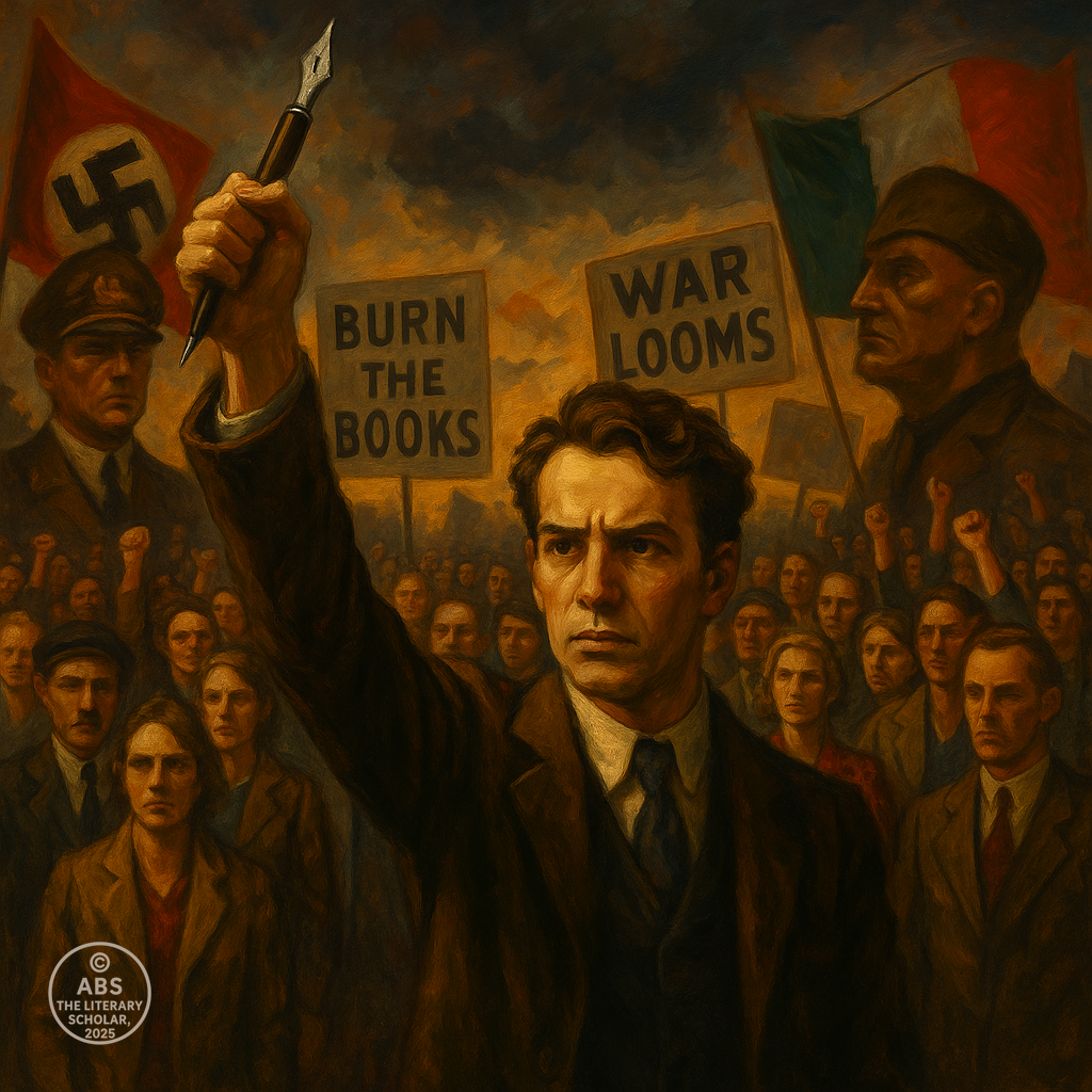 A 1930s protest scene with a writer holding a pen like a sword before a crowd. Banners read “Burn the Books” and “War Looms,” as Hitler and Mussolini appear in the background.