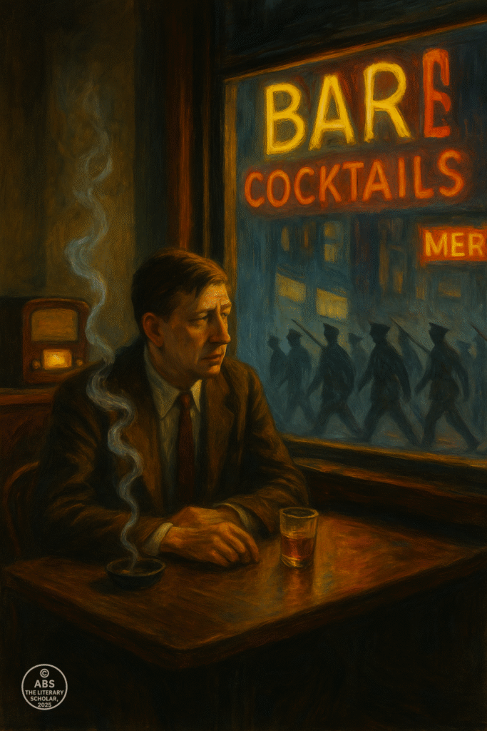 A man sits alone in a New York bar, gazing out a window where soldiers march past neon signs. A radio glows behind him; smoke curls from a nearby cigarette.