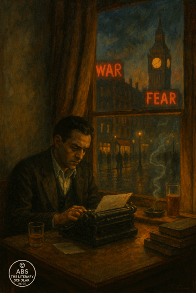 A writer sits at a desk with a typewriter in a dim London flat, while outside the window neon signs read “WAR” and “FEAR” over a shadowy Big Ben.