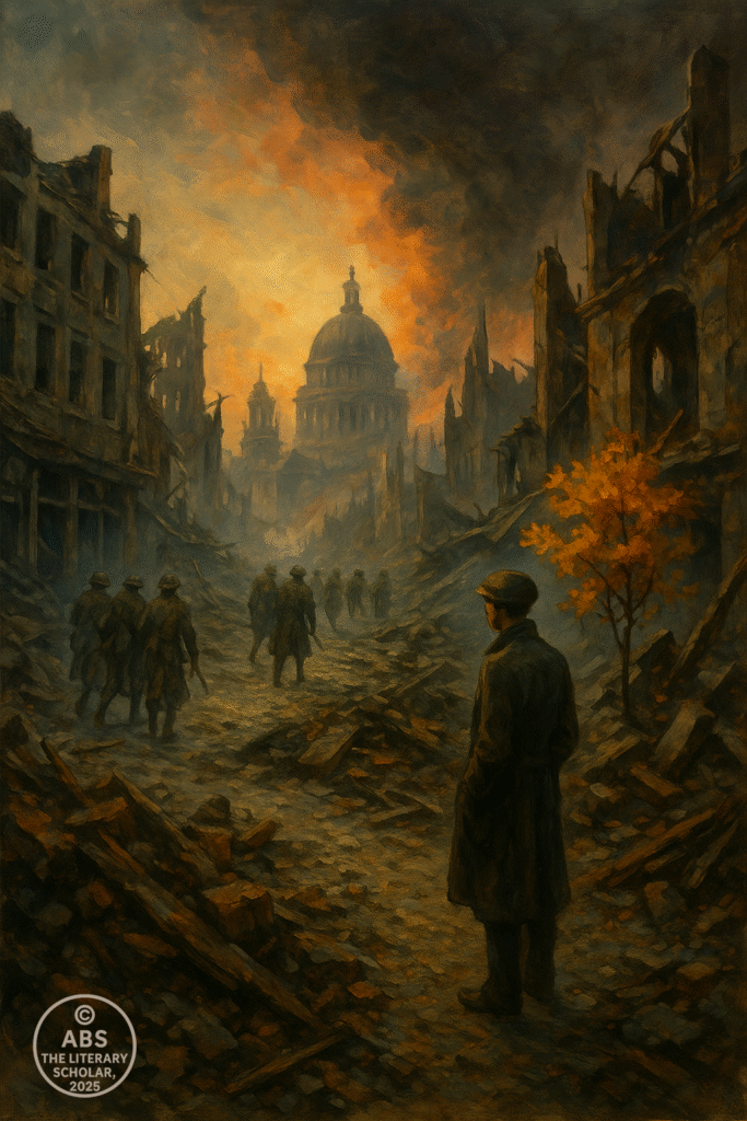 A war-torn European street with soldiers marching through rubble, while a lone man in a dark coat stands watching a cathedral beyond smoke and flames.