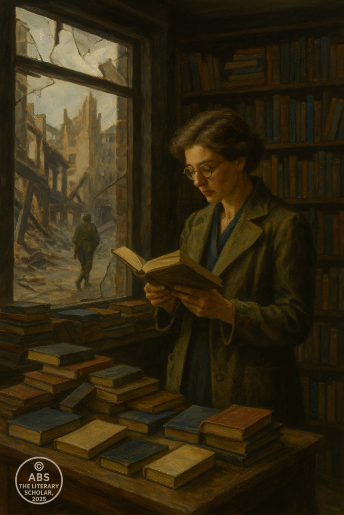 A woman reads quietly in a bombed-out bookstore while sunlight falls through a shattered window overlooking a war-ravaged street.