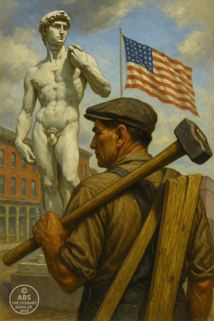 A laborer stands facing Michelangelo’s statue of David with an American flag behind him, symbolizing a contrast between classical art and post-war working-class reality.