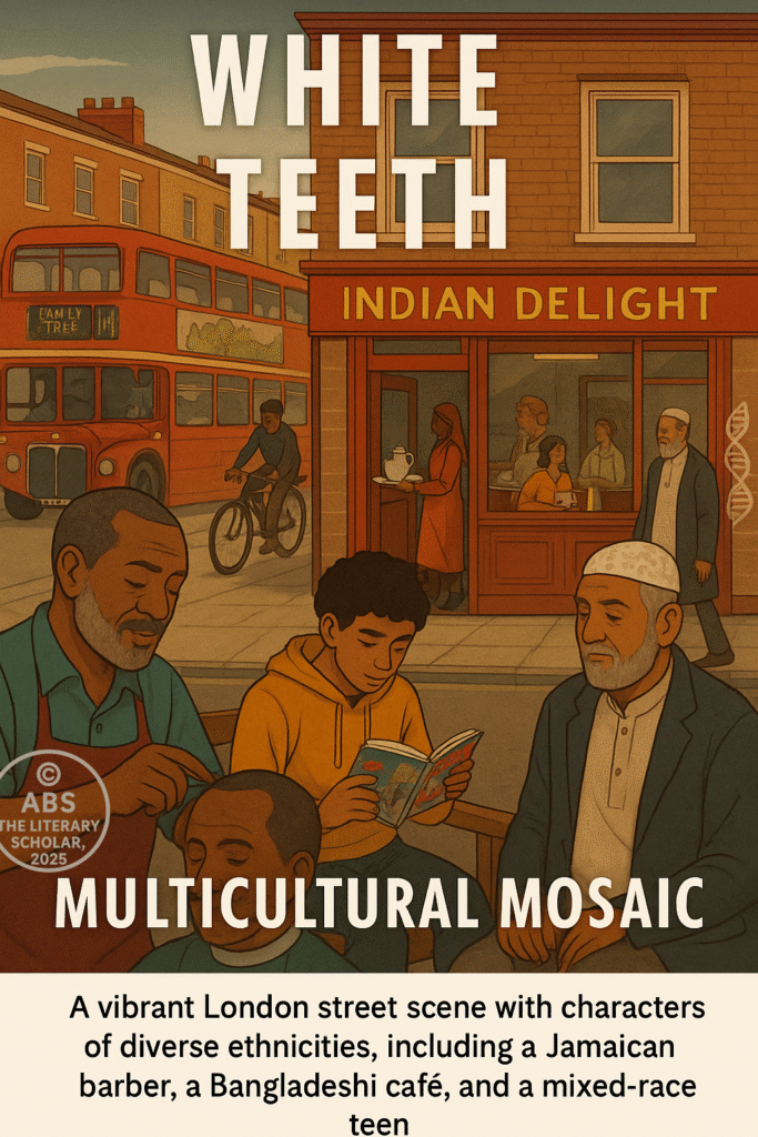 Postmodern British literature, A multicultural London street with a Jamaican barber, a Bangladeshi café, a mixed-race teen reading, and diverse pedestrians in warm evening light.