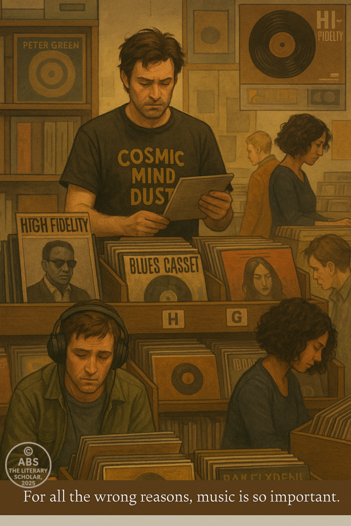Postmodern British literature, A vintage London record shop with Rob standing behind the counter, lost in thought, surrounded by albums, headphones, and bittersweet nostalgia.