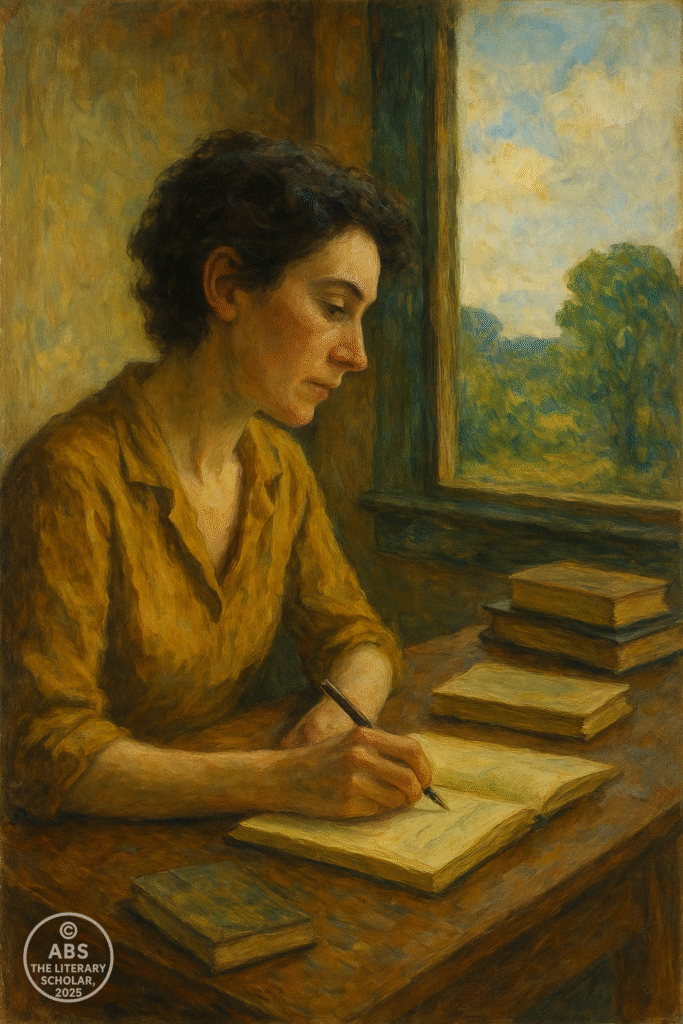 An androgynous figure writing at a wooden desk, sunlight streaming in, books scattered, and the window opening to a lush, symbolic landscape.