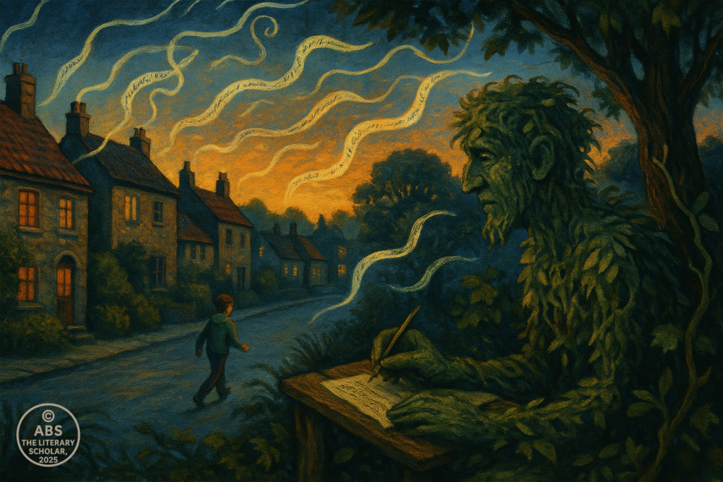 Postmodern literature, A spectral tree-man listens in the hedgerows of a village at dusk while a child walks unaware and whispers float through the sky like glowing script.