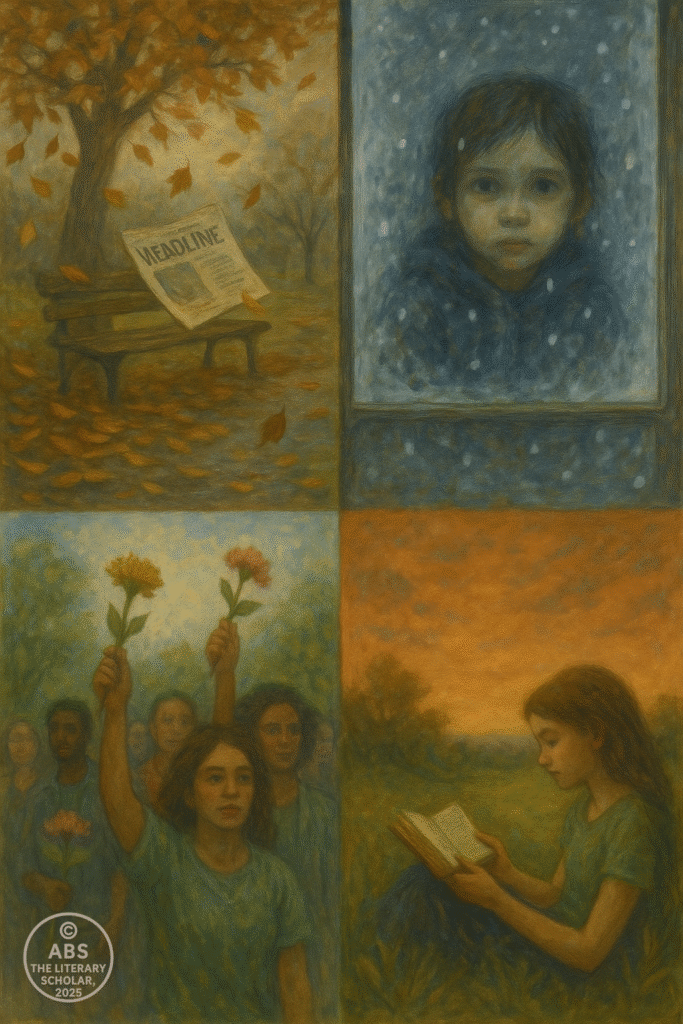 Postmodern literature, A four-panel oil painting showing autumn leaves and headlines, a refugee child in winter behind frosted glass, springtime protesters with flowers, and a girl reading under a burnt-orange summer sky.
