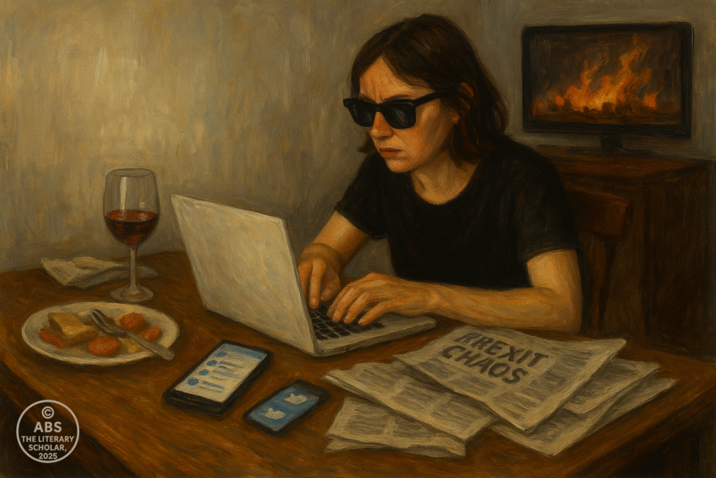 A cluttered writing desk with wine, Twitter alerts, scattered Brexit headlines, and a woman in sunglasses typing furiously while a muted TV shows flames.