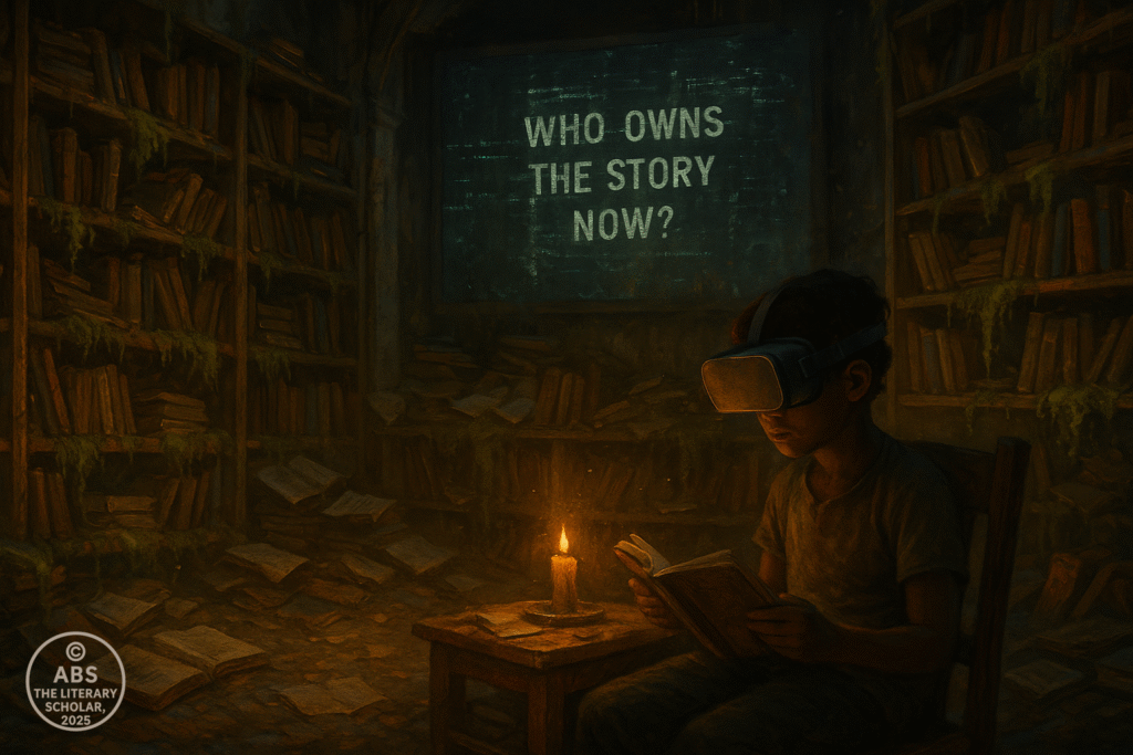 Postmodern literature A crumbling, moss-covered post-apocalyptic library where a child wearing VR goggles reads a physical book by candlelight in front of a glitching digital screen.