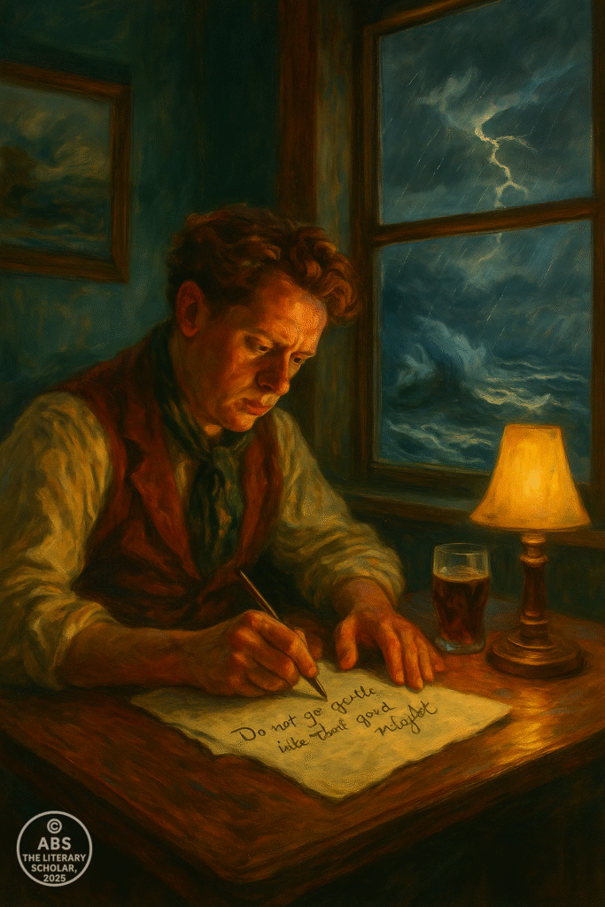 A poet sits writing intensely at a pub table while a storm rages outside the window, lightning streaking across the sea beyond