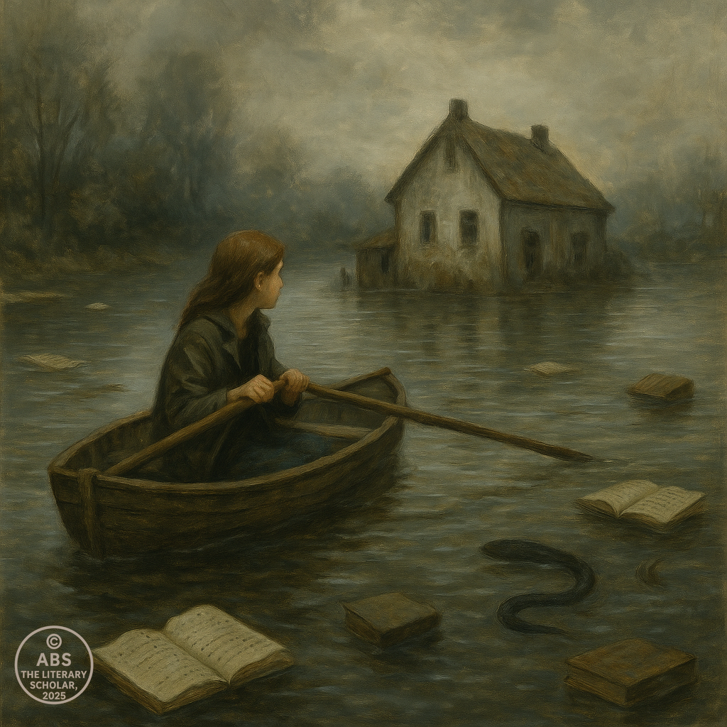 A flooded landscape with a girl rowing a boat past submerged books, floating diaries, mythic symbols, and an eerily quiet river cottage under a grey sky.