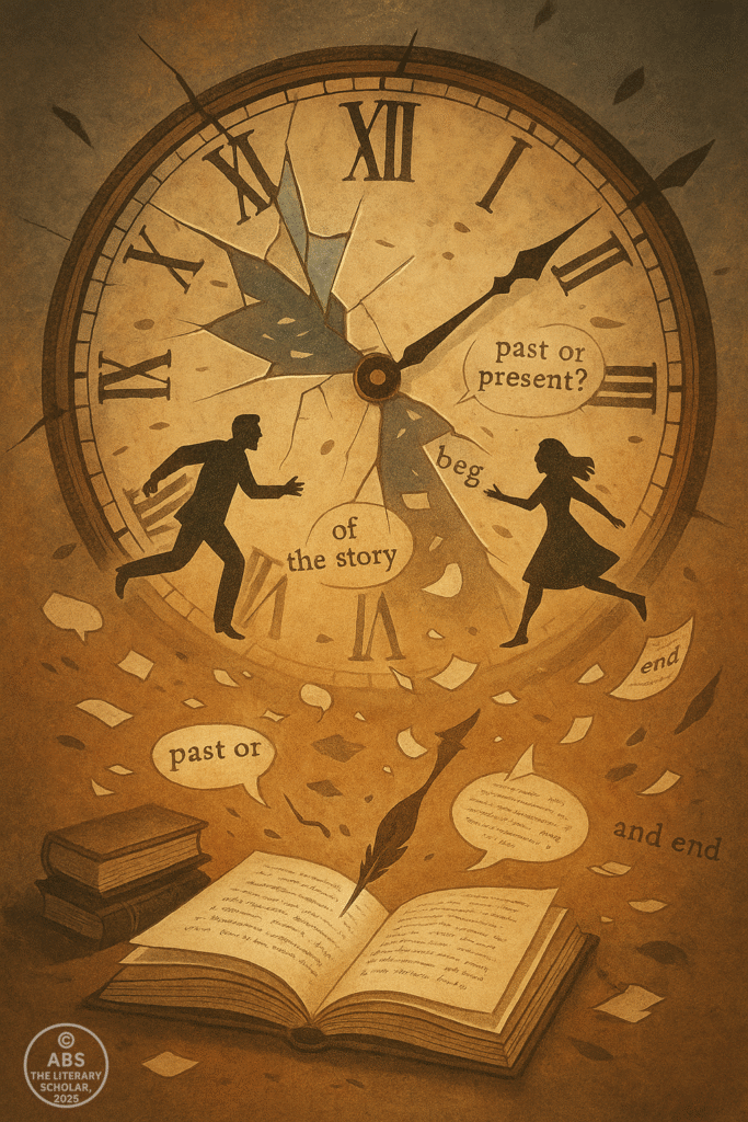Postmodern British Literature, A broken clock with floating book pages and characters suspended mid-air, questioning past, present, and story structure.