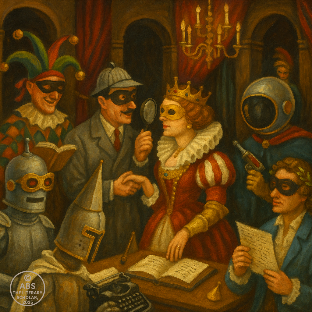 A literary masquerade with genre characters in costume — detective, queen, robot, knight, poet, and astronaut — mingling under chandeliers.