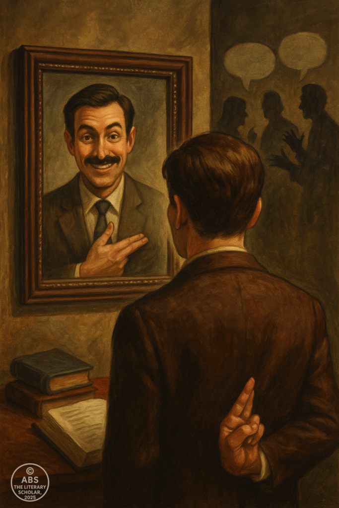 A man looking into a mirror where his reflection smiles reassuringly while hiding crossed fingers, suggesting deception and narrative unreliability.