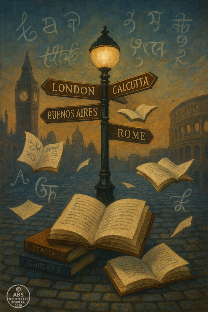 A twilight city crossroads with signposts pointing to London, Calcutta, Buenos Aires, and Rome, surrounded by floating books and scripts in many languages.
