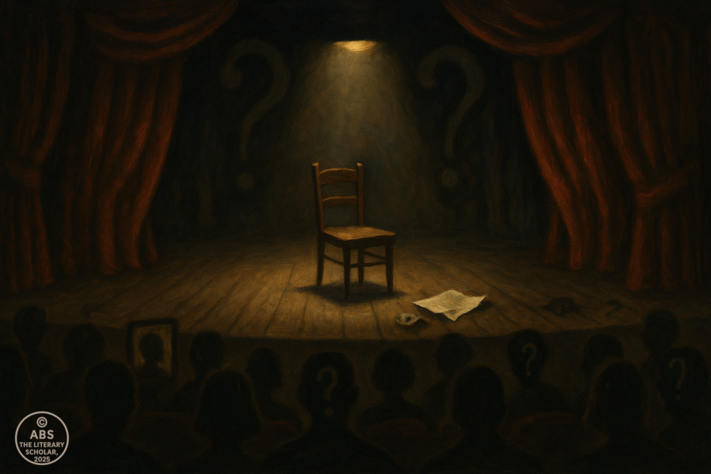 An empty theatre stage with a single wooden chair under a spotlight, red curtains shaped like question marks, and shadowy audience figures with ambiguous faces.