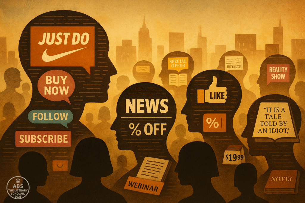 Postmodern British Literature, Silhouettes of human heads filled with marketing slogans, discount tags, media icons, and book phrases against a cityscape, illustrating the commodification of thought and language.