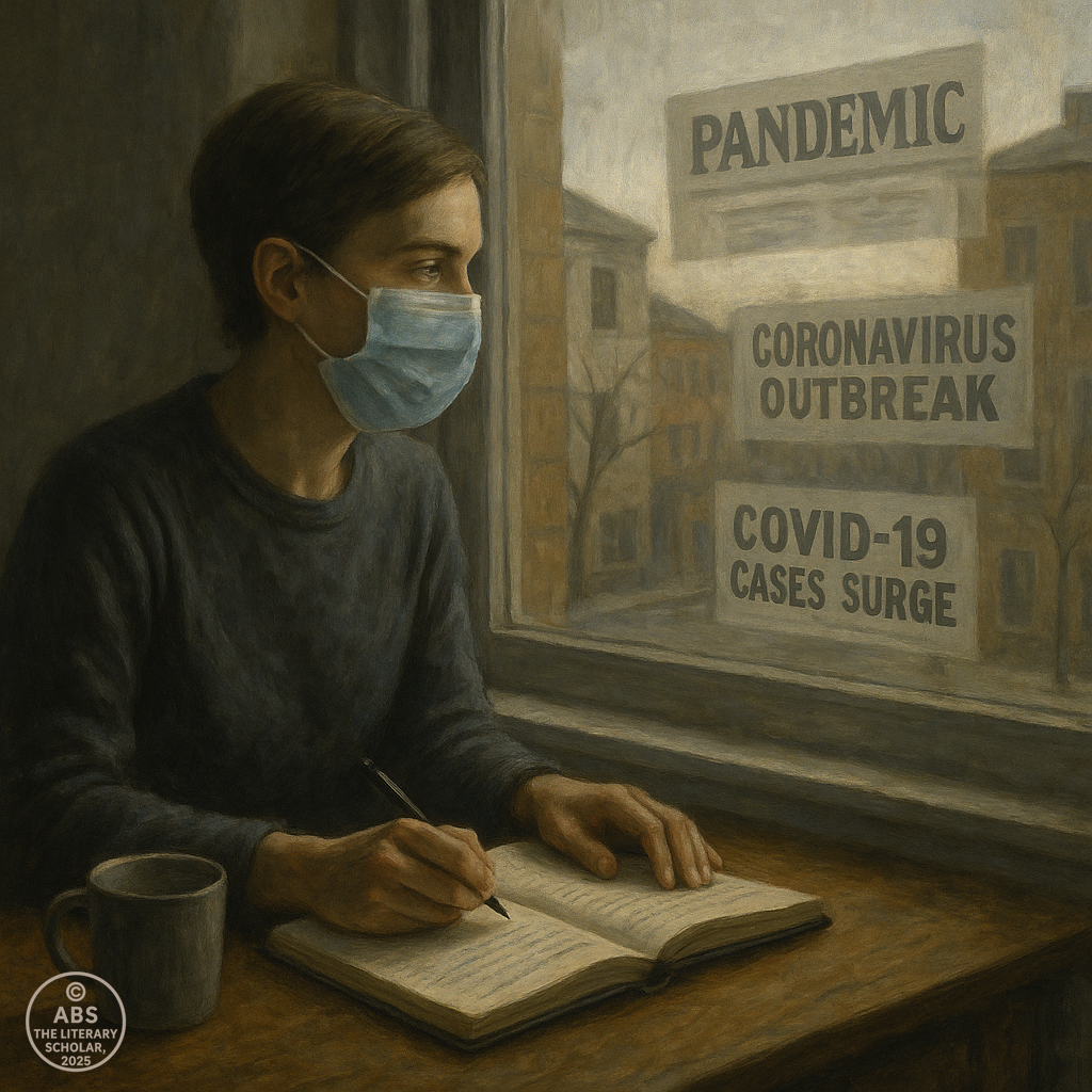 A masked figure sits at a window during lockdown, journaling in a notebook while pandemic headlines float outside in a quiet, empty world.