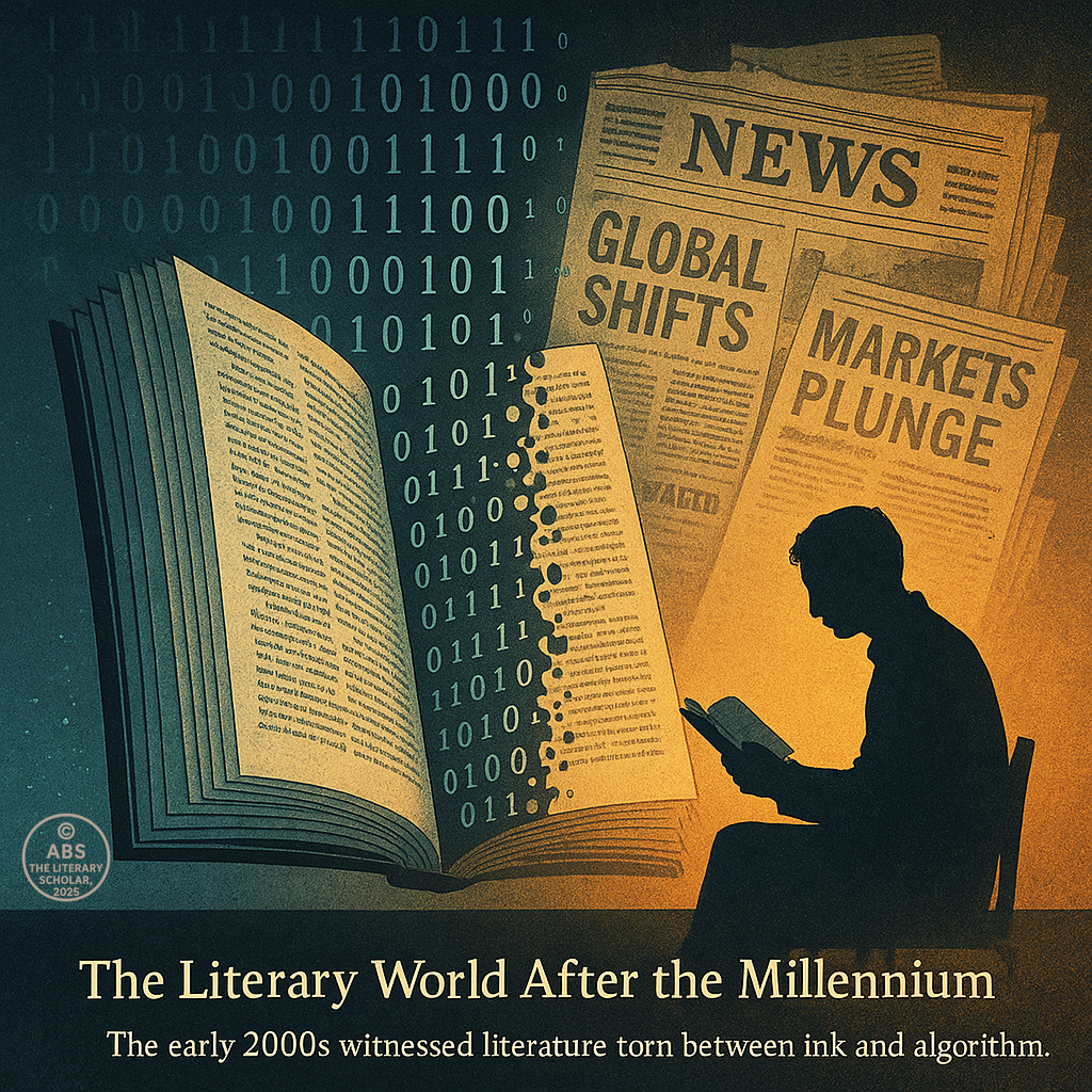 Contemporary Literature 2000–2012, A digital illustration of an open book transforming into binary code, with a silhouette of a reader beside fading newspapers showing headlines like “Global Shifts” and “Markets Plunge.”