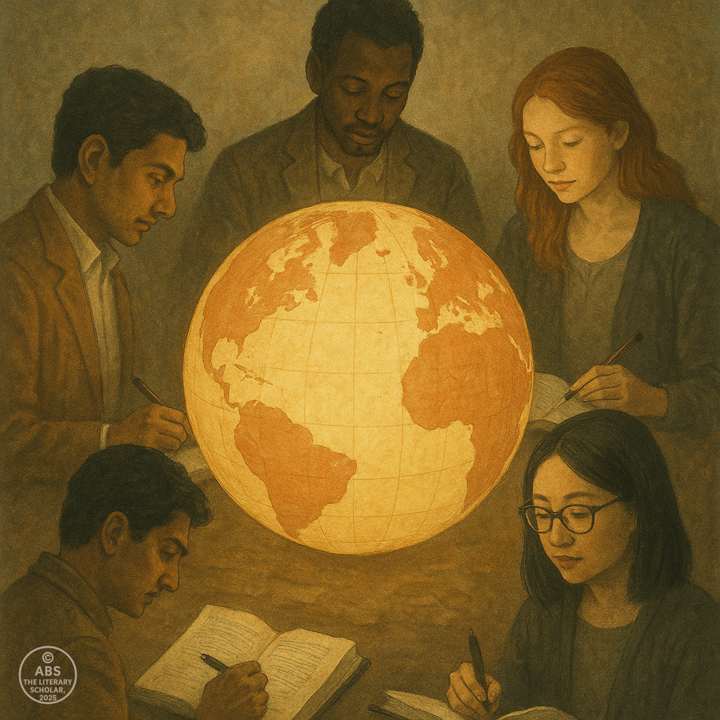 A diverse group of writers from different ethnic backgrounds sit around a glowing globe, each quietly writing in open books.