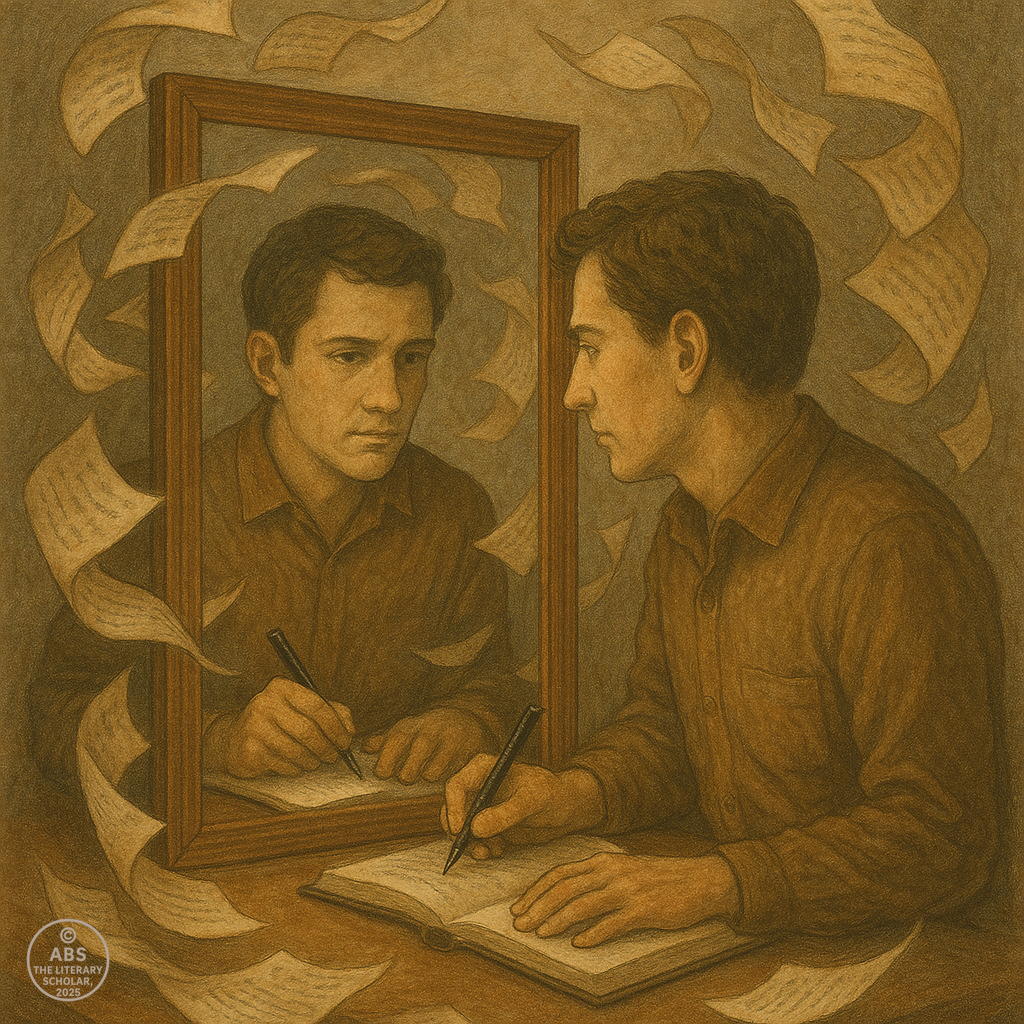 A writer seated at a desk stares into a mirror where his reflection writes back, surrounded by swirling pages filled with handwritten text.