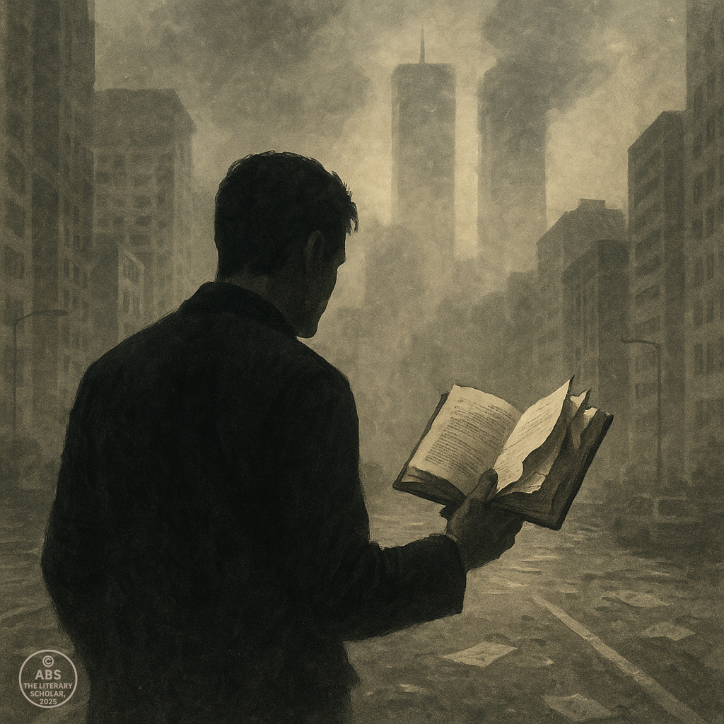 Contemporary Literature 2000–2012, A man holding a book walks through a smoke-filled New York street with the Twin Towers faintly visible behind him, surrounded by ash and scattered pages.