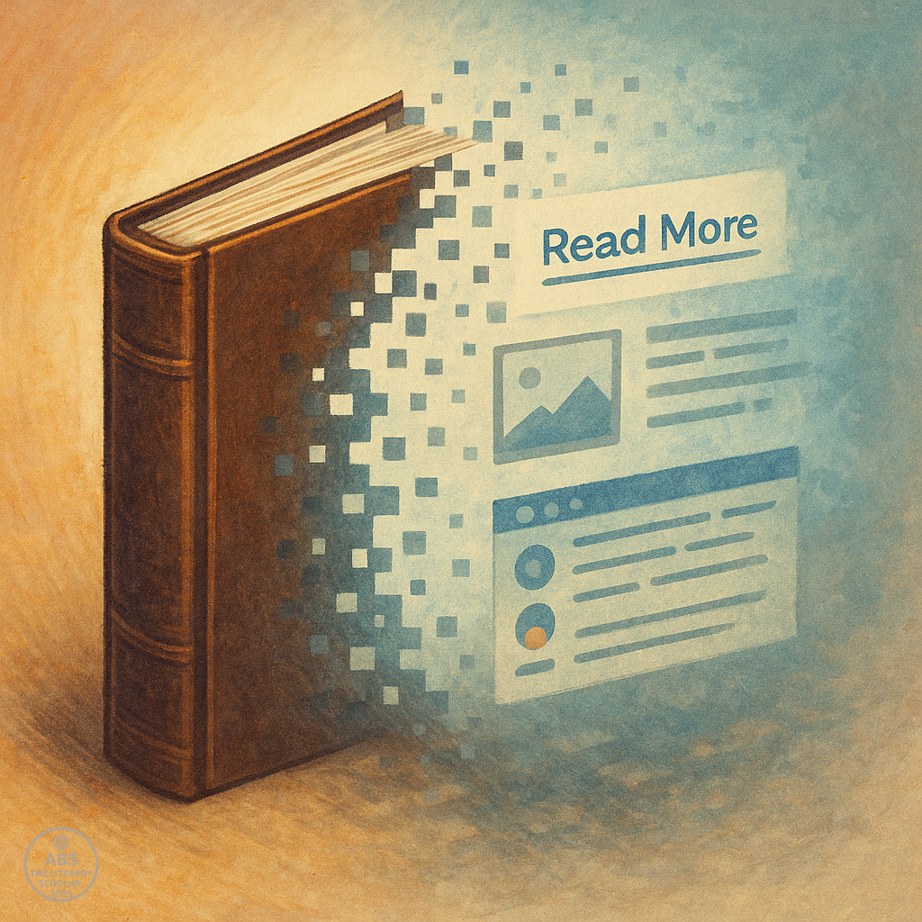 A traditional hardcover book dissolves into digital pixels and browser icons with “Read More” links, floating in a gradient of warm paper tones fading into cool digital blue.