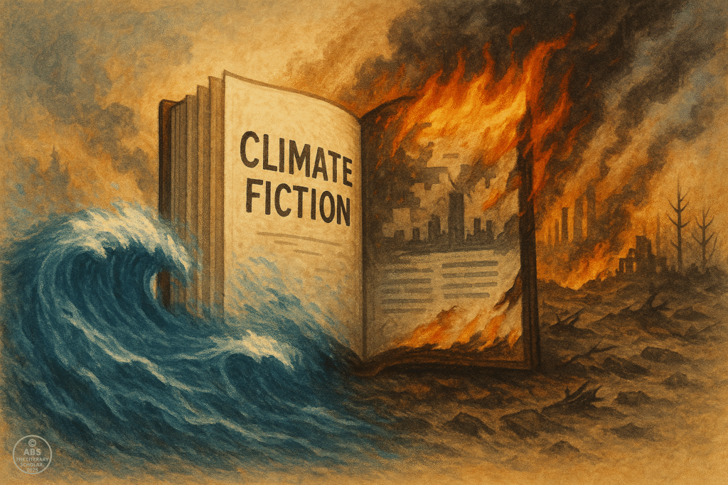 Contemporary Literature 2000–2012, An open book labeled “Climate Fiction” is engulfed by crashing ocean waves on one side and raging fire and smoke on the other, set against a backdrop of ecological devastation.