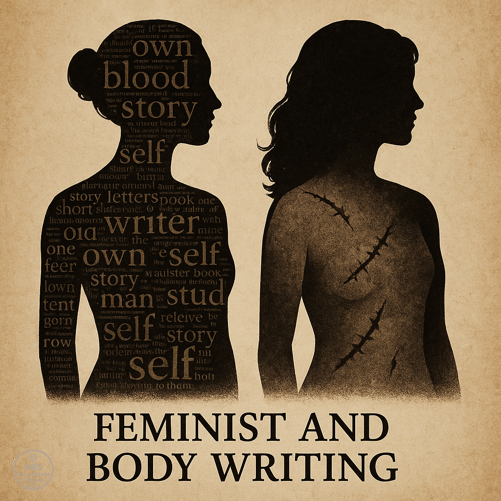 Two female silhouettes—one filled with layered words like "own," "writer," and "story," the other marked by visible scars—stand against a textured, paper-toned background.